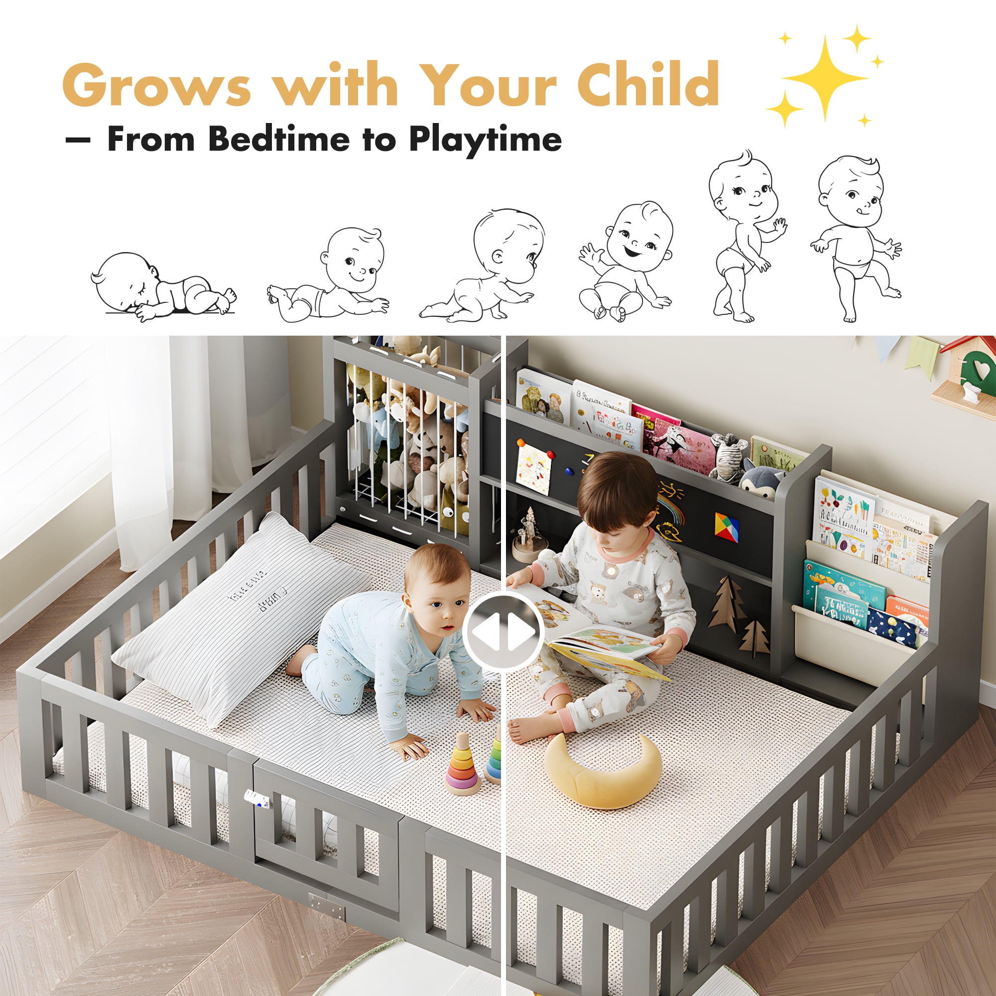 Advwin Full Floor Bed with  Gate, Safety Rails, Blackboard, Bookshelf & Toy Storage, Sturdy Wooden Platform Bed Frame, Gray