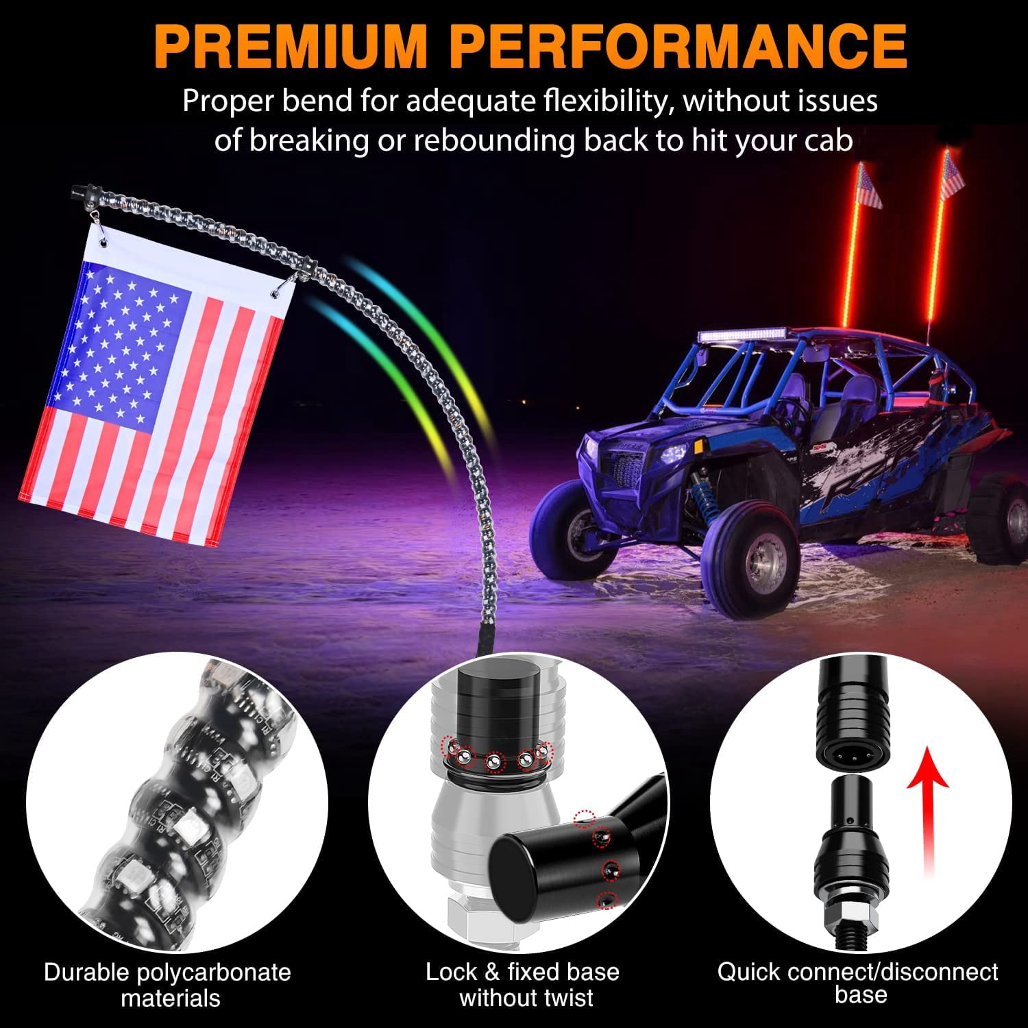 Nilight RGB Waterproof 4FT Spiral LED Whip Light 2 Pack with Strobe & Remote for ATV UTV RZR Polaris Jeep Truck