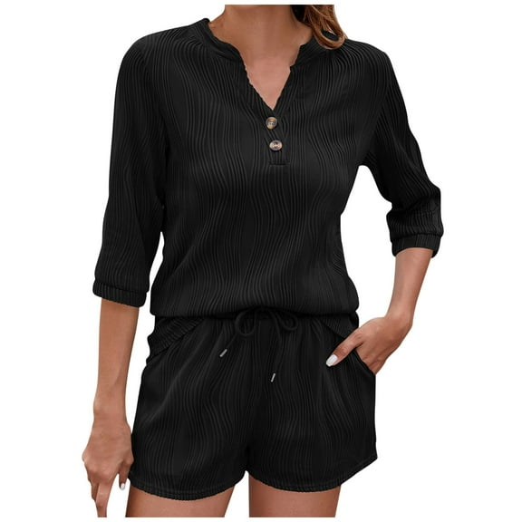 Women Short Outfits Sets V Neck Button Shirts and Elastic Waist Shorts Graphic Summer Set Two Piece Lounge Set for Women