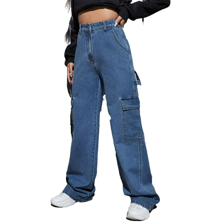Womens Jeans Plain Wide Leg High Waist Cargo Pants Blue S