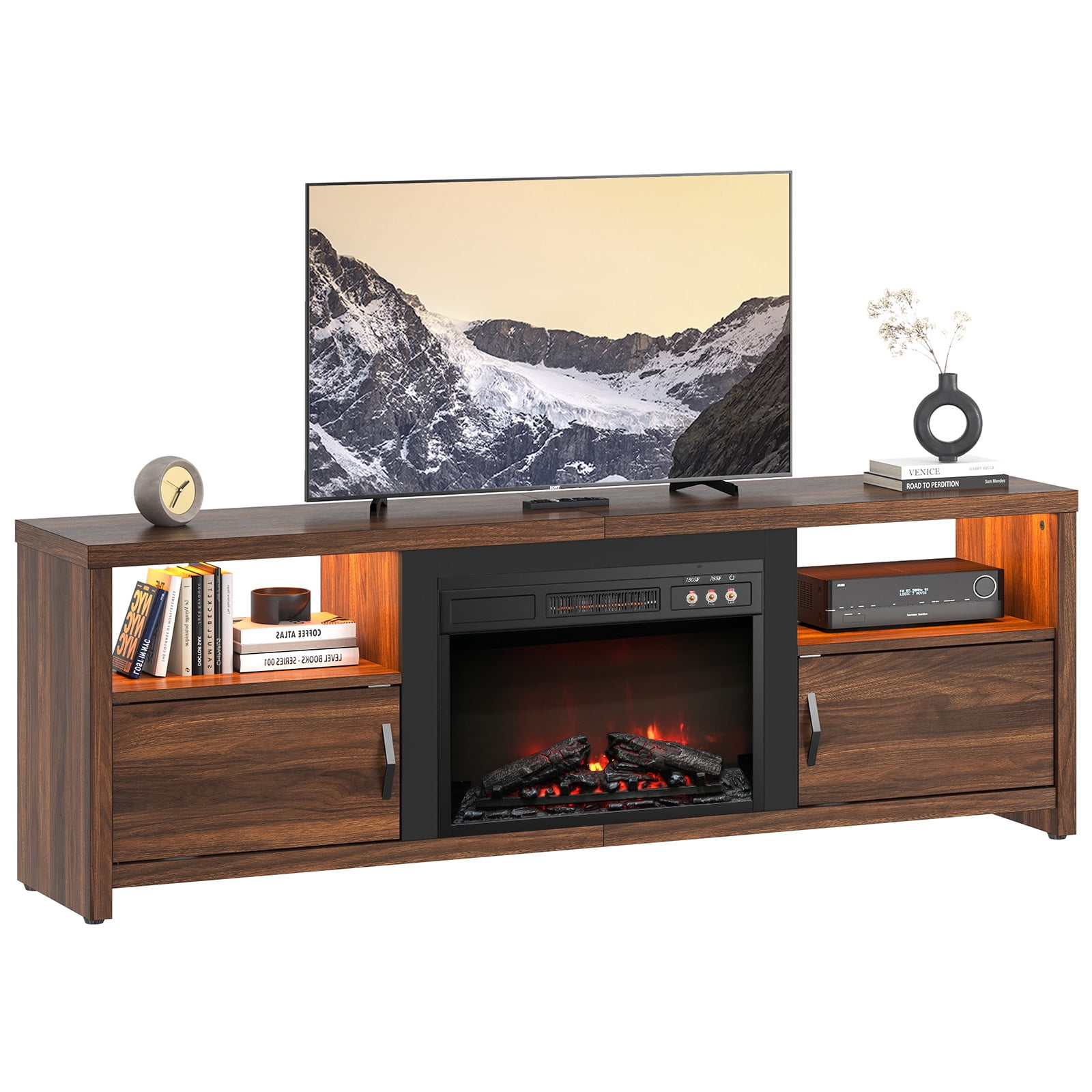 Bestier 71" Fireplace TV Stand for TVs up to 75" LED Entertainment Center with 23" Remote Control Electric Fireplace, Walnut