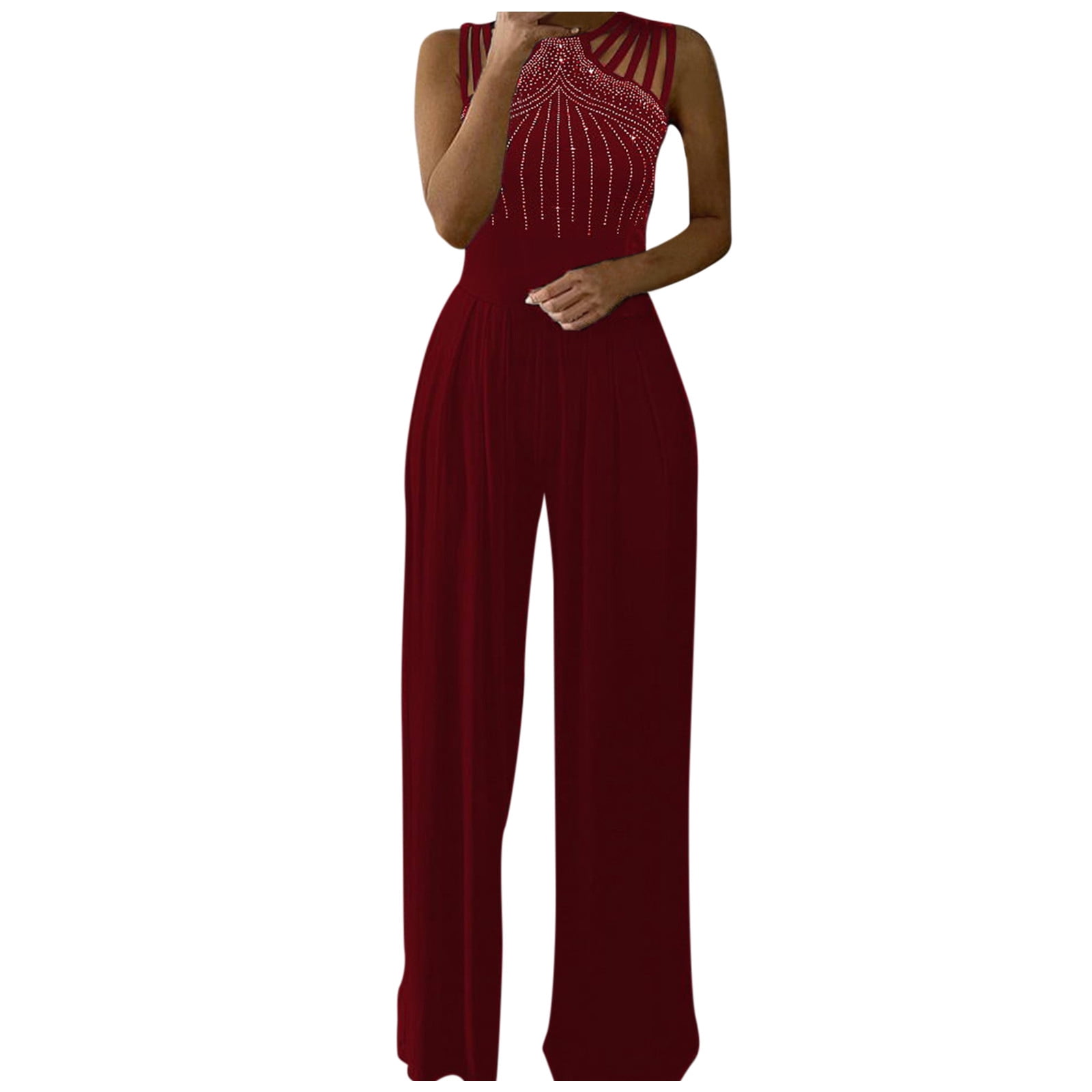 Wozhidaoke jumpsuits for women Ladies' Solid Sleeveless Loose Jumpsuit