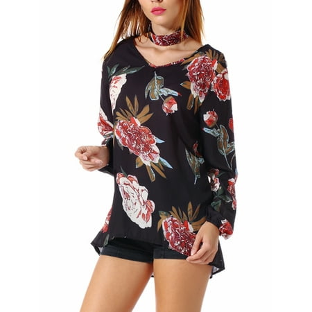 Sexy V-Neck Floral Printed Cutout Design Blouse With Choker Tops Casual