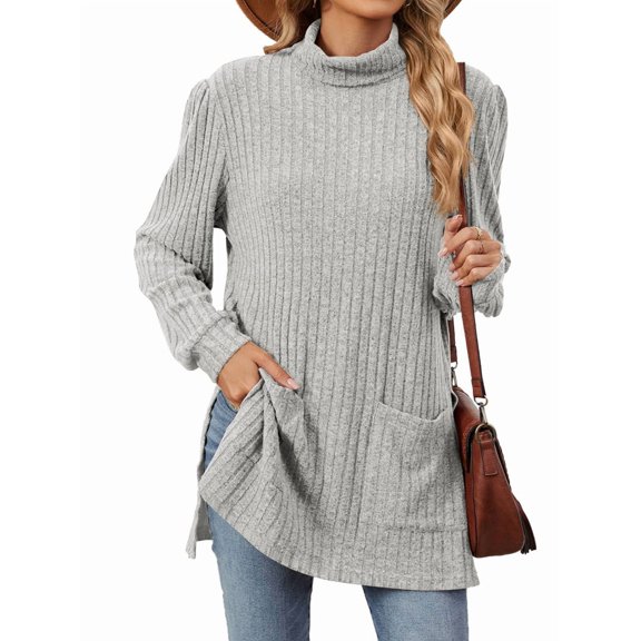 Long Sleeve Shirts for Women High Neck Casual Tunic Tops Light Gray L