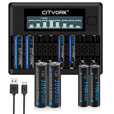 4 AA and 4 AAA Rechargeable Batteries with High Capacity Low Self Discharge 1.2v Ni-MH Batteries with 8 Bay AA AAA Smart LCD Independent Slot Battery Charger