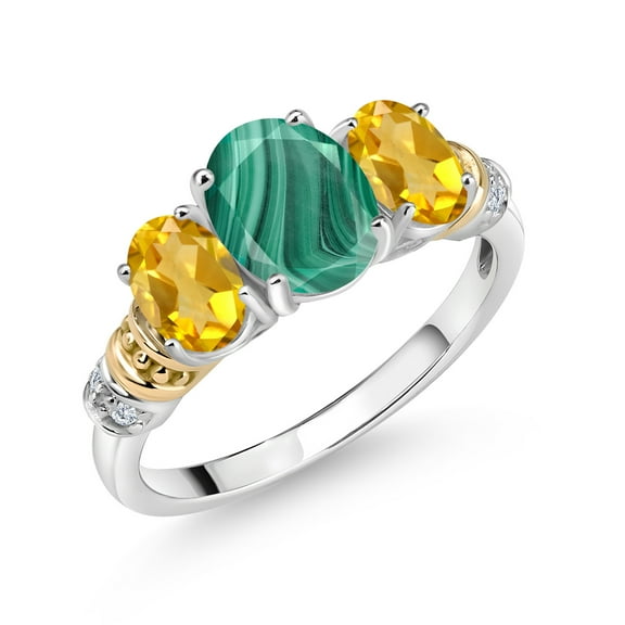 Gem Stone King 925 Sterling Silver and 10K Yellow Gold Oval Green Malachite Yellow Citrine and White Diamond 3 Stone Ring for Women (2.93 Cttw, Gemstone Birthstone, Size 9)