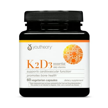 Youtheory K2 and D3 Daily Vitamin Supplement for Calcium Absorption, Bone Strength and Cardiovascular Support, 60 Vegetarian Capsules