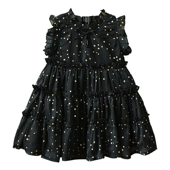 DHFJKG Toddler Girls Shiny Dress Sleeveless Star Sequins Ruffles Tiered Mini Dress Dance Party Trendy Dresses