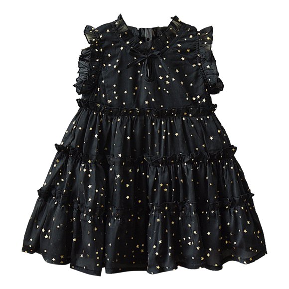 LUOGENLI Dress Toddler Girls Sleeveless Star Sequin Tulle Ruffles Princess Dress Dance Party Dresses Clothes Maxi Skirt with Slit Boho Black 1-2 Years