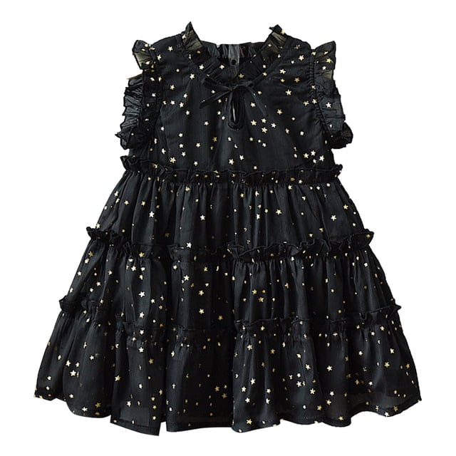 MEZZALL Robe Princesse Sans Manches à Paillettes en Tulle pour Bébés Filles, Volants, Robe de Fête Dansante, Robe d'Été Polyvalente, Noir, 1-2 Ans