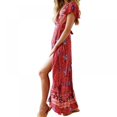 thumbnail image 2 of Femmes Bohème Imprimé Floral Wrap V Cou Manches Courtes Split Beach Party Maxi Robe S-XL, 2 of 5