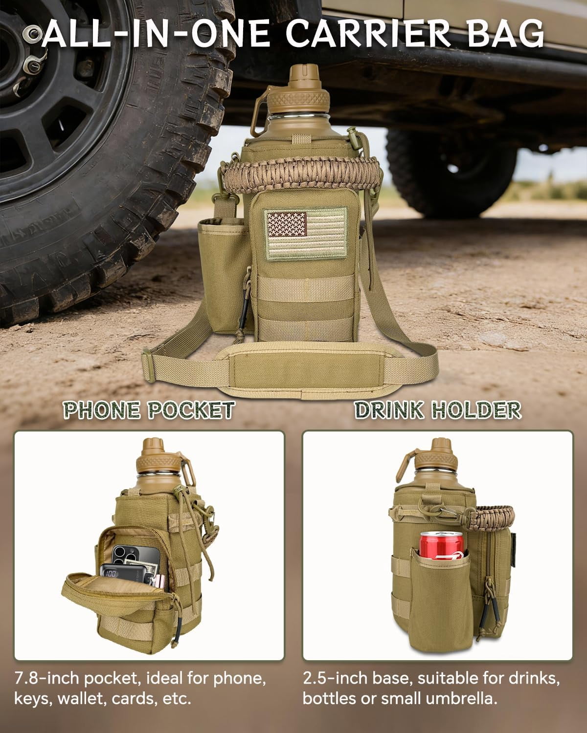 Half Gallon Water Bottle Insulated with Sleeve-64 oz Stainless Steel Water Jug with Strap Paracord Handle Metal Sport GYM Water Bottles for Men Women Hunting Hiking Travel Biking Camo CP