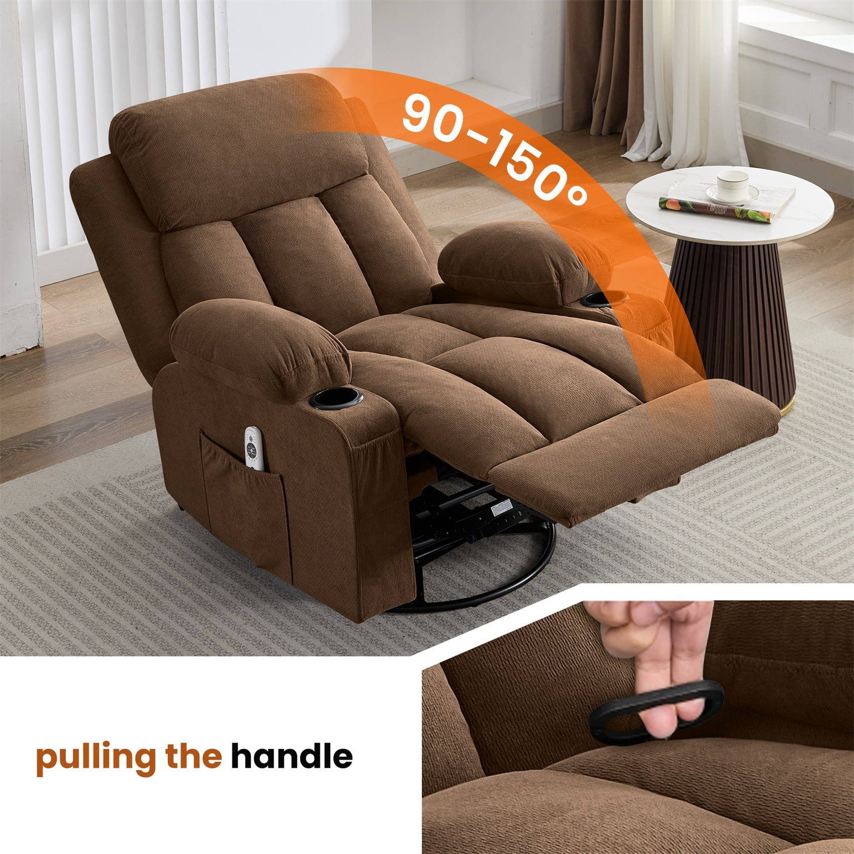 Alvantor Swivel Recliner Chair with Massage & Heat for Adults, Single Rocker Sofa with Cup Holders for Bedroom Home Theater Brown
