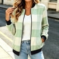 thumbnail image 3 of Women's Plaid Bomber Jacket Zip Up Wool Blend Long Sleeve Warm Fall Winter Coats with Pockets, Ribbed Details (M, Green), 3 of 7