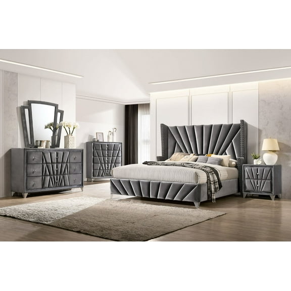 Luxury 4pc Bedroom Furniture Cal King Size Bed Set Dresser Mirror Nightstand Fabric Gray Upholstered Frame