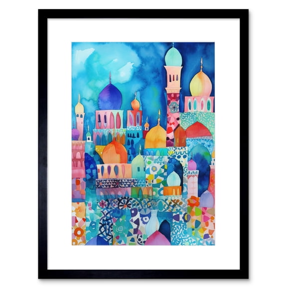 Morocco Cityscape Moonlight Folk Art Artwork Framed Print Wall Art 9X7 Inch