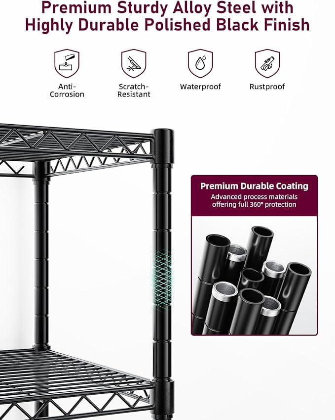 5-Tier Wire Storage Shelves,1250 Lbs Loading Capacity,29.92" W x 13.98" D x 61.02" H,Black