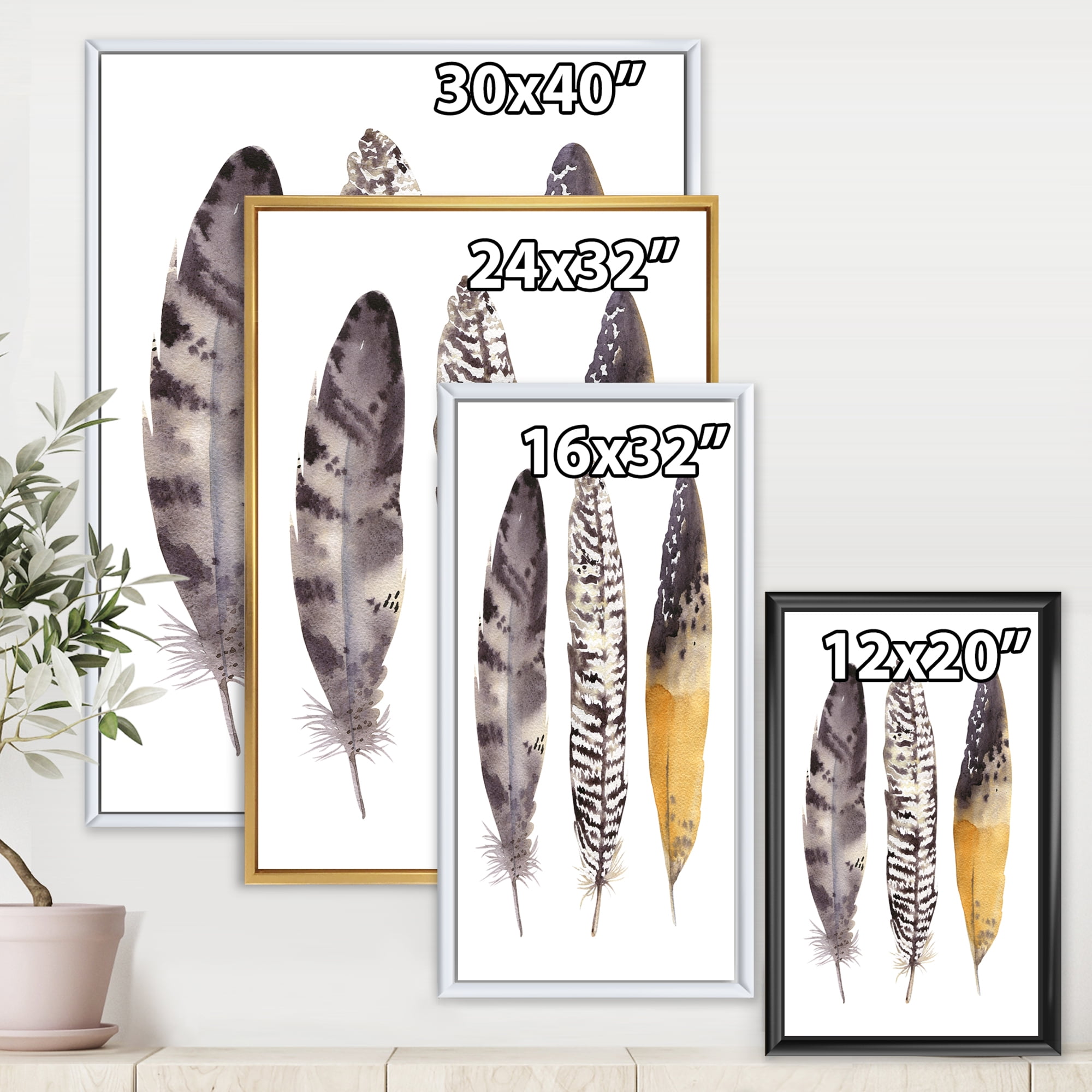 Boho Ethnic Art Dark Gray Feathers III 30 in x 40 in Framed Painting Canvas Art Print, by Designart