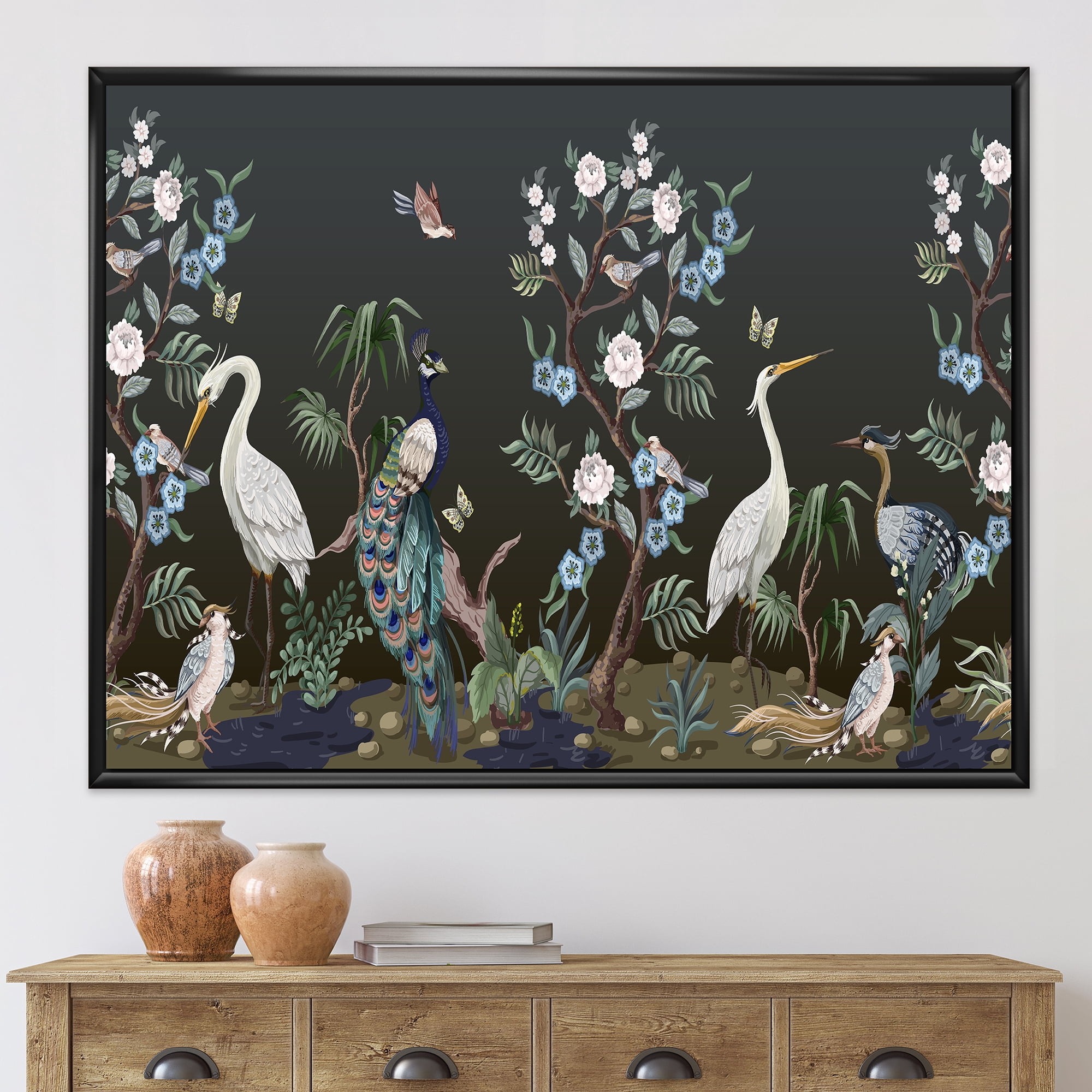 Designart 'Chinoiserie With Peonies and Birds IV' Traditional Framed Canvas Wall Art Print
