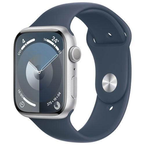 Apple Watch Series 9 (GPS) 45mm Silver Aluminium Case with Storm Blue Sport Band - Small / Medium 140-190mm
