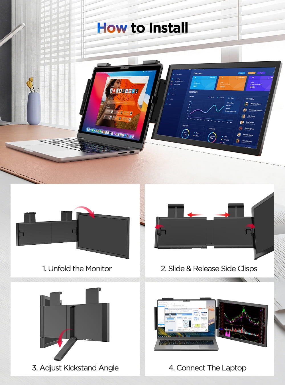 Laptop Screen Extender, 14" 1080P IPS Portable Monitor for 14"-16.5" Laptops