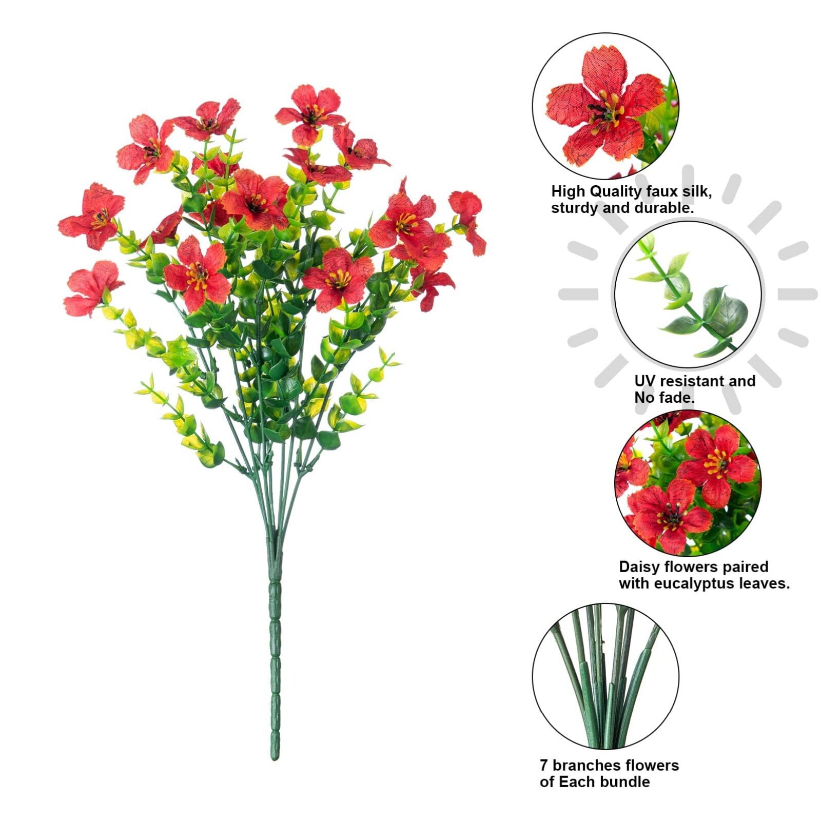 HAWEE Artificial Faux Plants Flowers Outdoor Spring Decoration, 12 Bundles Fake Silk Colorful Daisy Eucalyptus Realistic UV Resistant for Outside Home Planter Porch Patio Window Yard Decor