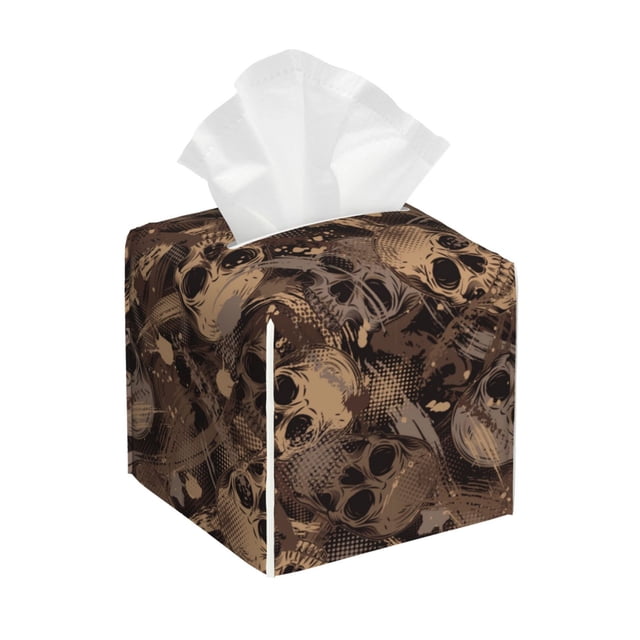 Balery Brown Camouflage Skull Porta Pañuelos de Cuero con Estampado – Funda Moderna Cuadrada para Caja de Pañuelos, Dispensador 5x5x5''