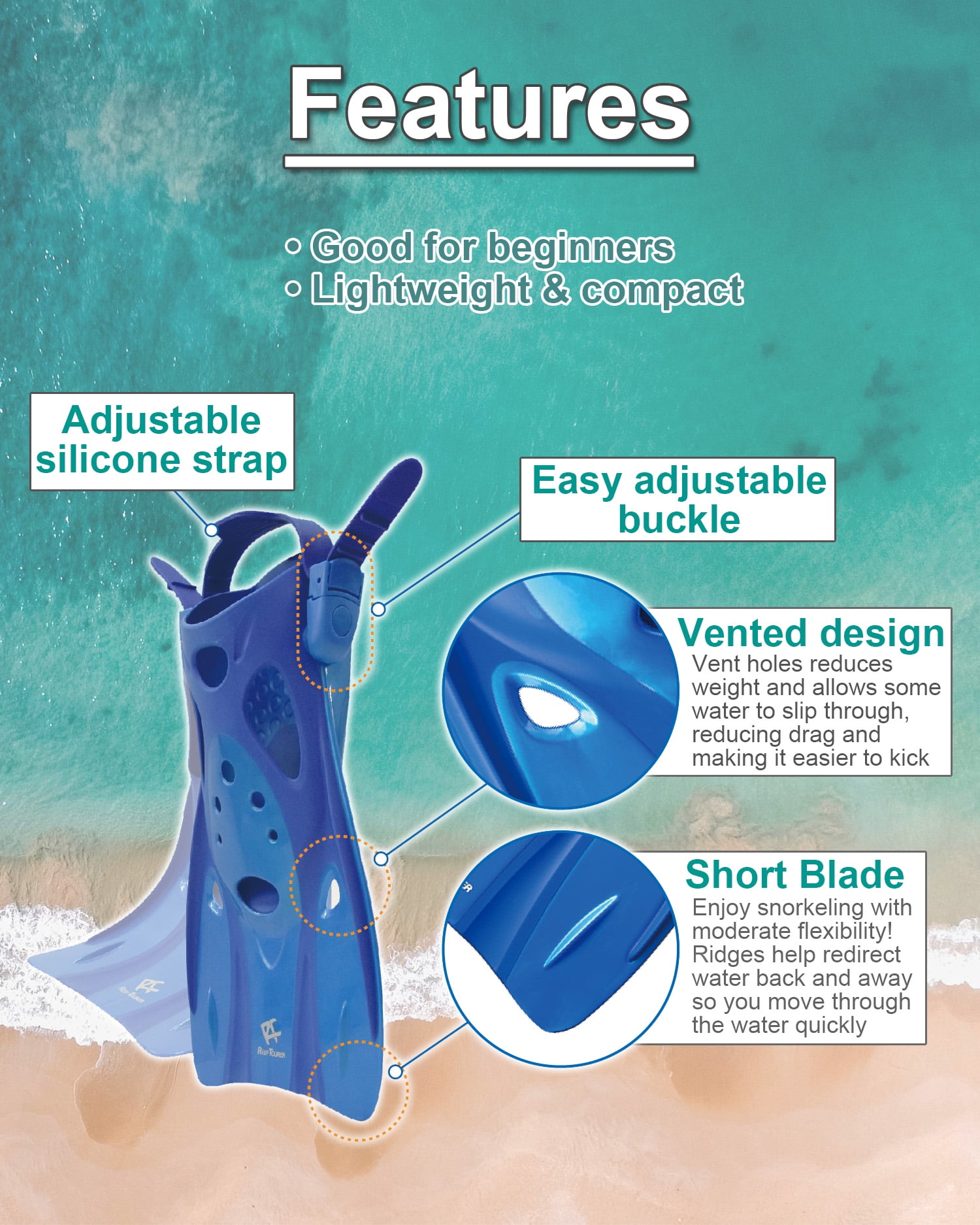 Reef Tourer Snorkel Fins for Kids and Adults, Adjustable Open Heel, Compact Short Blade Swimming Snorkeling Flippers, Travel Size, RF0106P, Blue, Large
