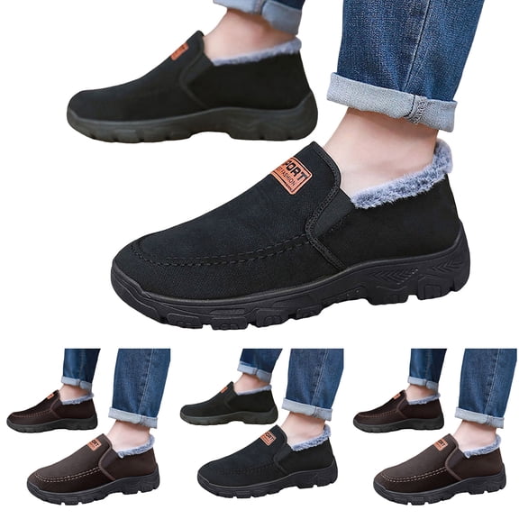 Pandaie Mens Snow Boots Waterproof Slip on Ankle Booties Fleece Lined Arch Support Outdoor Winter Work Boots Walking Shoes Black 7.5