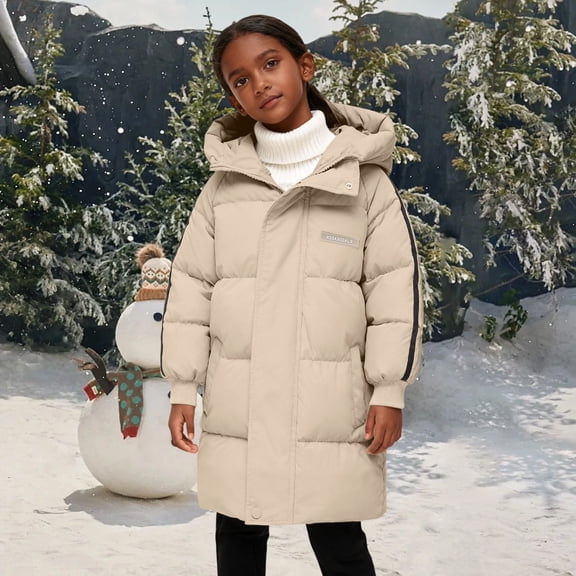 Kids Thickened Hooded Cotton Puffer Jacket, Mid-Length Winter Coat with Warm Insulation, Lightweight Quilted Outerwear for Boys and Girls in Cold Weather Beige