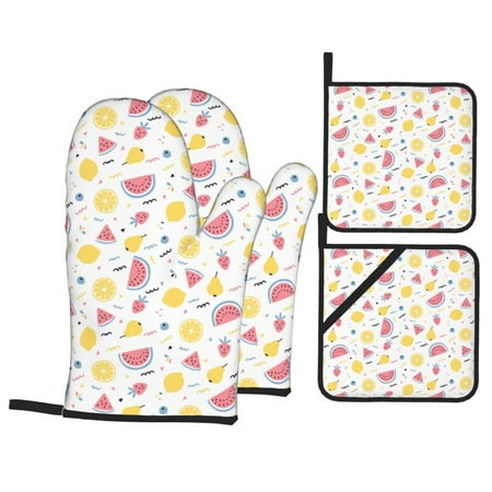 

Oven Mitts and Pot Holders 4 Piece Tropical Fruit High Heat Slip Resistant Oven Mitt and Trivets Set Kitchen Oven Glove Pot Holders for Cooking Baking Grilling