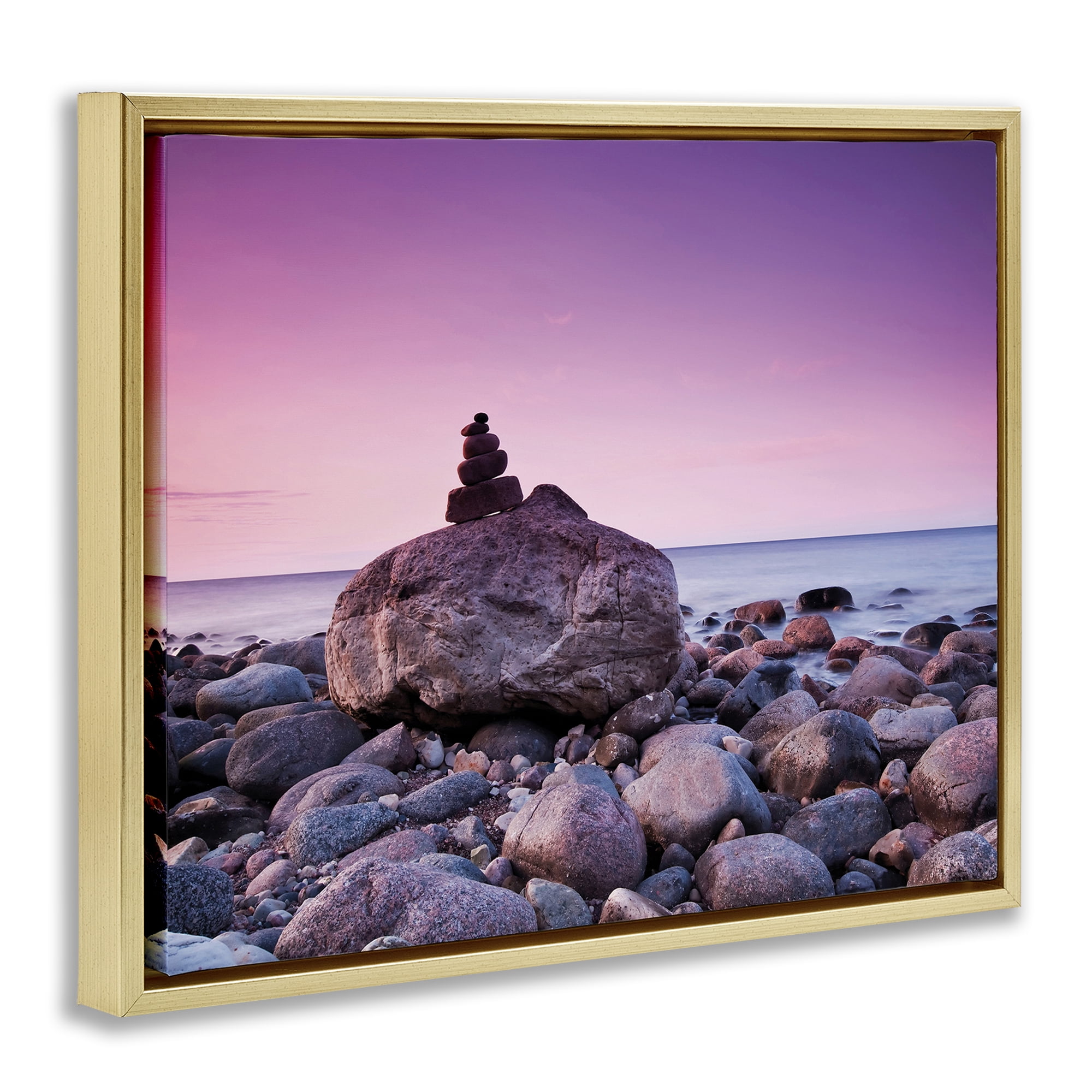Stupell Industries Stacked Rocks on Shore Nautical & Beach Photography Gold Floater Framed Canvas Art Print Wall Art, 21 x 17