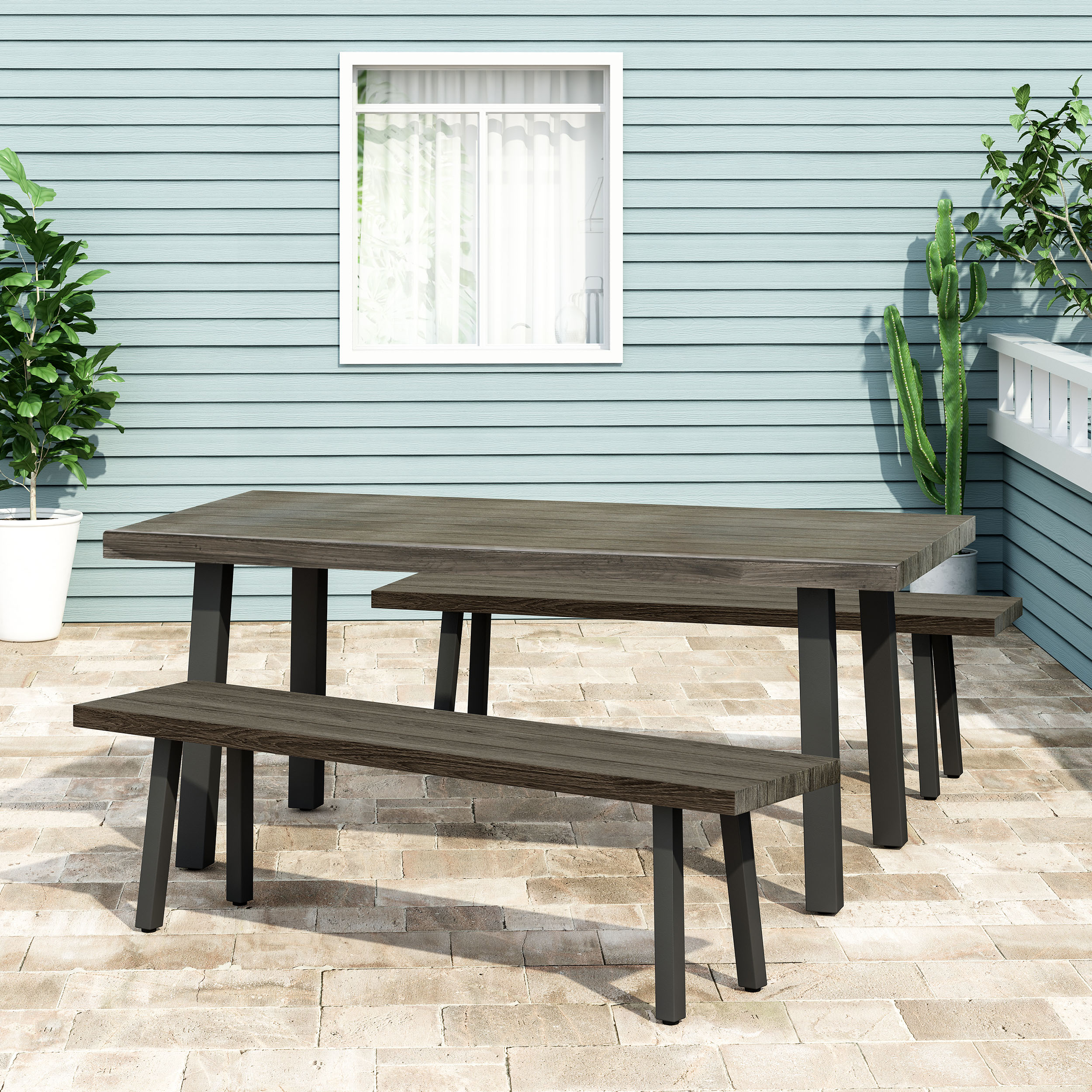 GDF Studio Altair Outdoor Modern Industrial 3 Piece Aluminum Dining Set with Benches, Gray and Matte Black - image 3 of 13