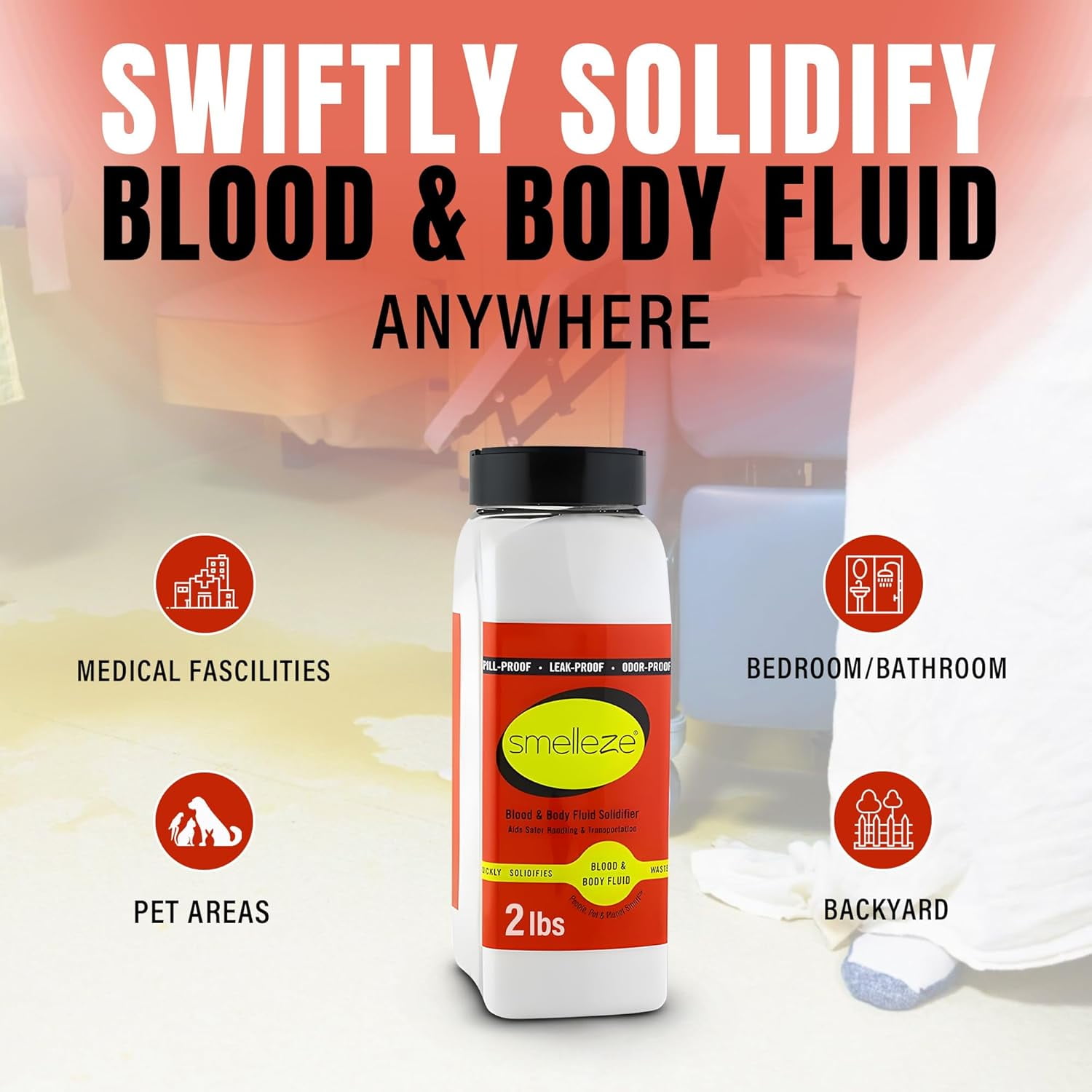 SMELLEZE Blood & Body Fluid Clean Up Super Absorbent, Solidifier & Deodorizer: 2 lb. Granules