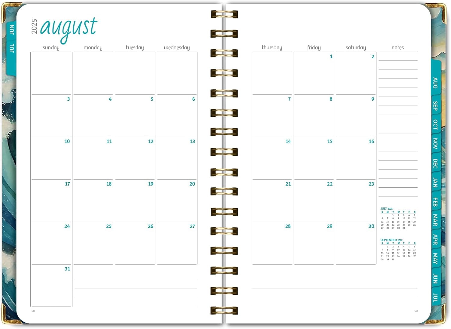Academic Planner 2025-2026, Daily Weekly Monthly Yearly Planner, June 2025 - July 2026, 14 months, 5.5"x8", Bookmark, Pocket Folder and Sticky Note Set (Ocean Waves)