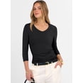 thumbnail image 6 of ANRABESS V Neck Shirts for Women 3/4 Sleeve Ribbed Knit Fitted Tee, Soft Stretch Basic Casual Work Top Black Large, 6 of 9