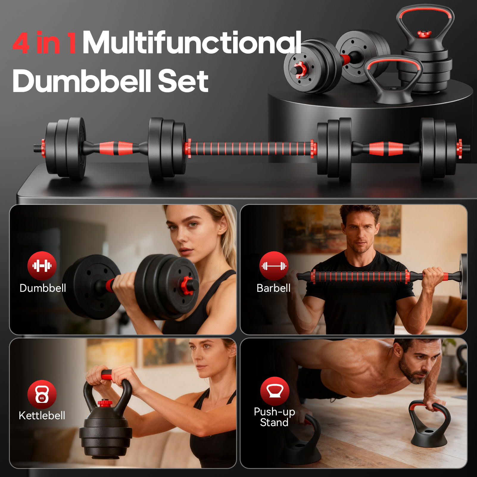 Vebreda 45LB Adjustable Dumbbell Set 4-in-1, Converts to Barbell, Kettlebell & Push-Up Stand, Home Gym Fitness Equipment for Full Body Strength Training