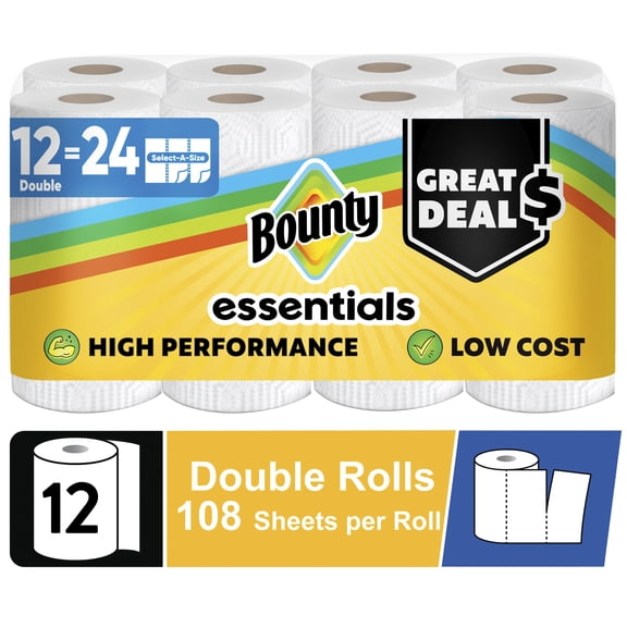 Bounty Essentials Select-A-Size Paper Towels, 12 Double Rolls, White, 108 Sheets Per Roll