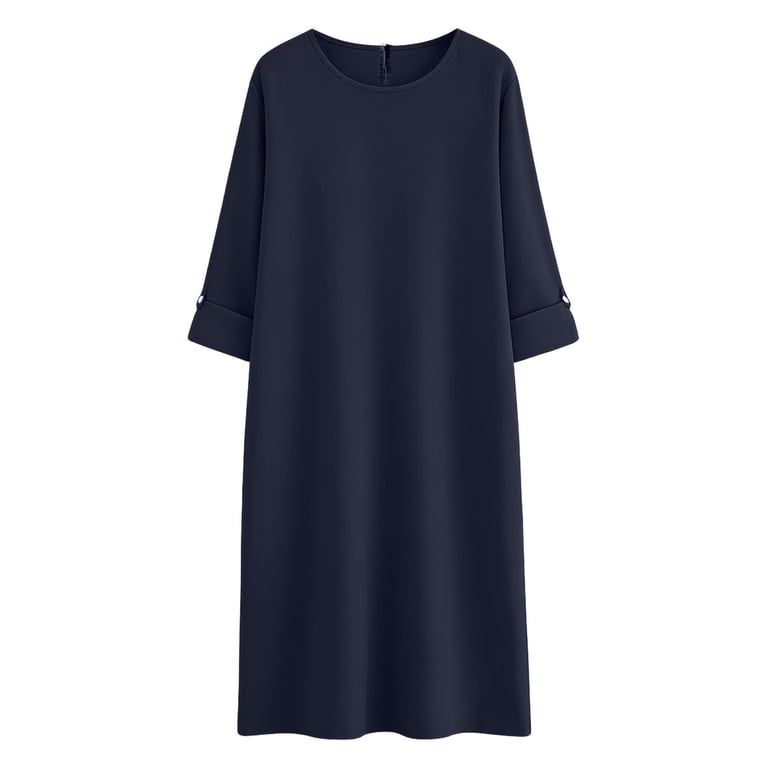 aohooy Midi Cotton Linen Summer Dresses for Women Roll Up 3/4 Sleeve Crew Neck A Line Fit and Flare Office Work Dress with Pocket Navy,XXL