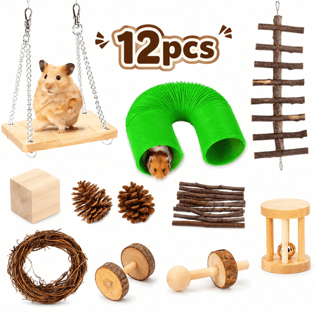 Hamster Toys Set, Natural Apple Wood Teeth Care for Guinea Pig Cage Small Animal Chew Toys 12 PCS