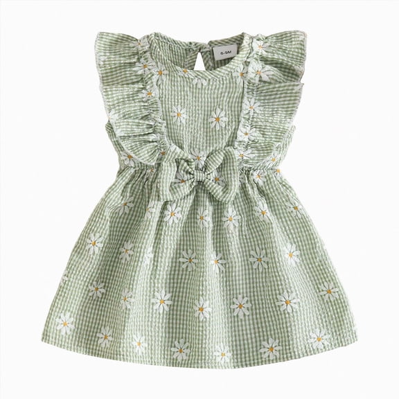 CAICJ98 Toddler Girls Ruffle Dress Floral Print Bow Knot Flowy Summer Beach Dress Clothes for Toddler Girls (Green,18-24 Months)