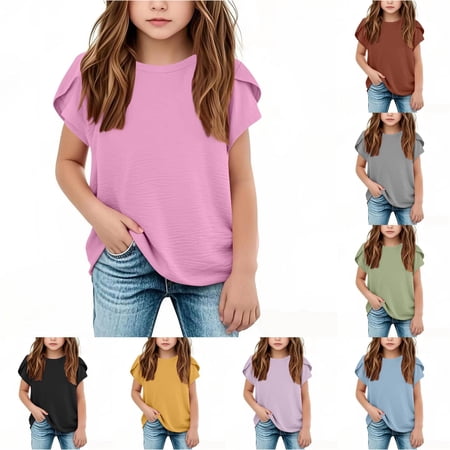 YMNXA Girls Child Blouse Plus Size Loose Fit Solid Color Crew Neck Short Sleeve Soft Lightweight Relaxed For Summer Daily Wear Elegant Tops Purple 7-8 Years