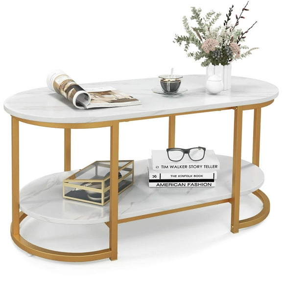 Costway White Marble Coffee Table Modern 2-Tier Center Table with Open Storage Shelf