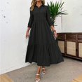thumbnail image 5 of WTOBBY Women's Fashion Solid Color Notched Lapel 3/4 Sleeve Swing Dress, Casual Flowy Midi Dress with Wide Skirt for Spring Summer Elegance,Black M, 5 of 7