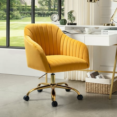 UPC: 0784140782841 | Velvet Office Desk Chair Makeup Vanity Table Chairs Adjustable Armchair Gold Legs Mustard