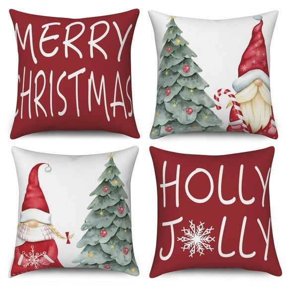 Christmas Outdoor Pillow Covers for Couch Set of 4 Xmas Tree Gnome Cushion Cases for Home Decor Living Room Car,18x18