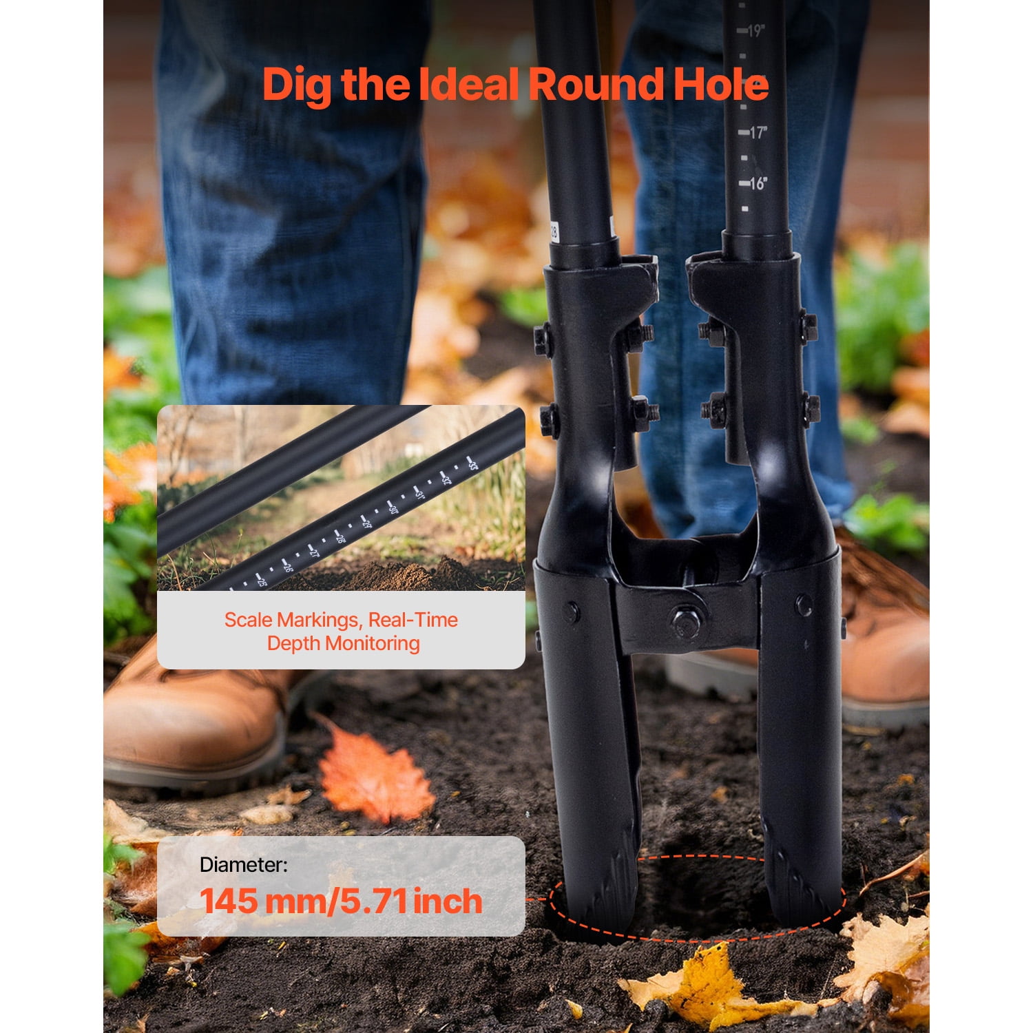 KFFKFF Ground Borer, Robust Ground Borer with Fiberglass Grip, Handheld Excavator with Measurement Indicators and Metallic Edge, Ground Borer Instrument for Horticulture and Outdoor Use, 57.5-Inch