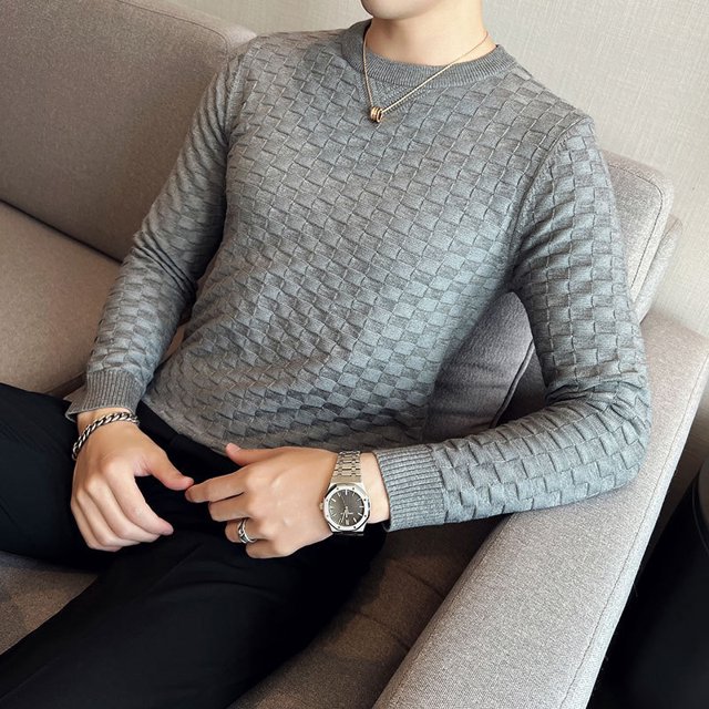 Suéter de punto para hombre, jersey de cuello redondo engrosado, tejido jacquard, suéter de alta textura, top de punto elástico delgado