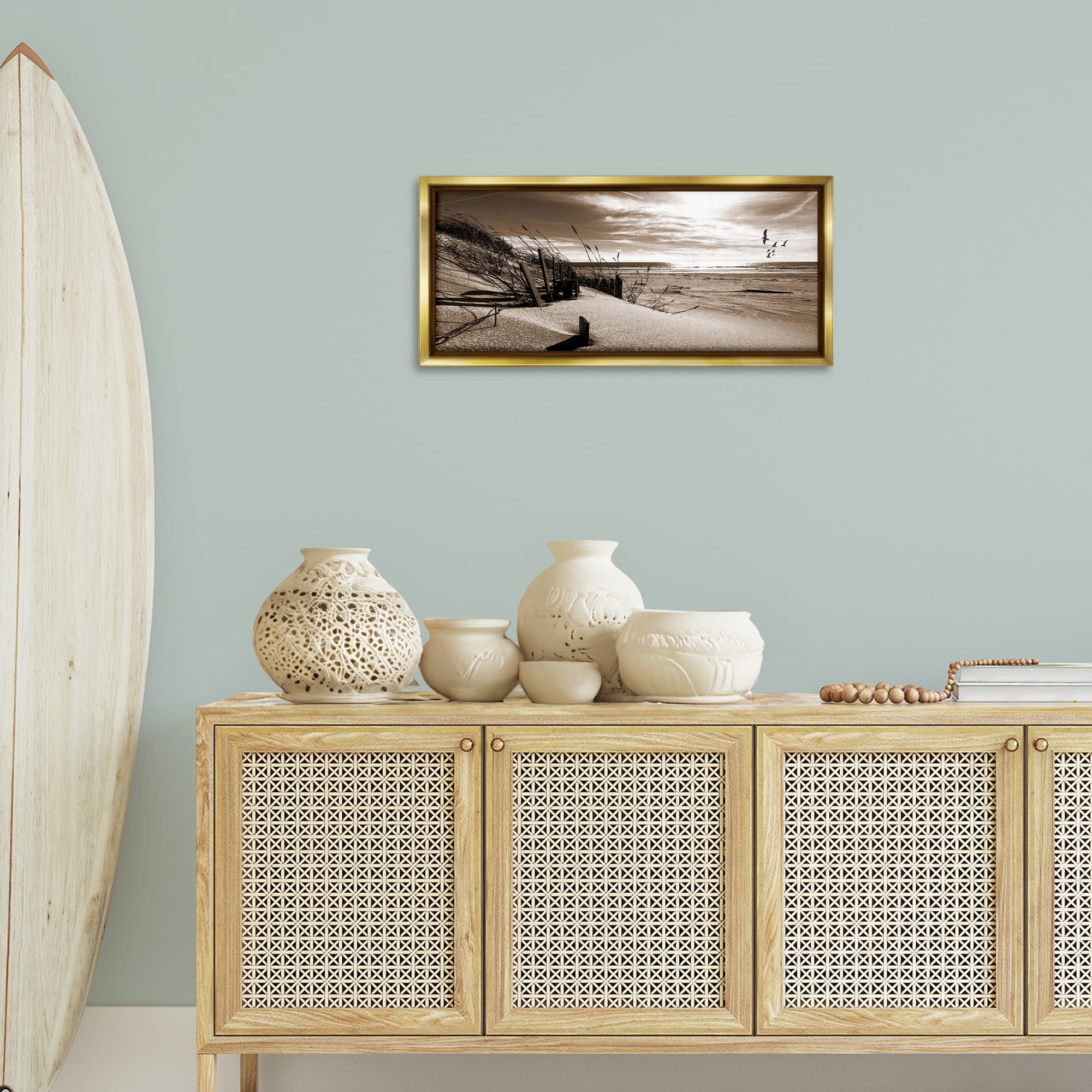 Stupell Industries Zen Sands Beach Landscape Photography Gold Floater Framed Canvas Art Print Wall Art, 31 x 14