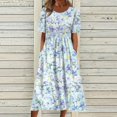 thumbnail image 1 of Robes Midi pour Femmes Été Décontractées Amples Bohèmes à Imprimé Floral Col Ras du Cou Manches Courtes Longueur Genou Robe Froncée avec Poches, 1 of 5